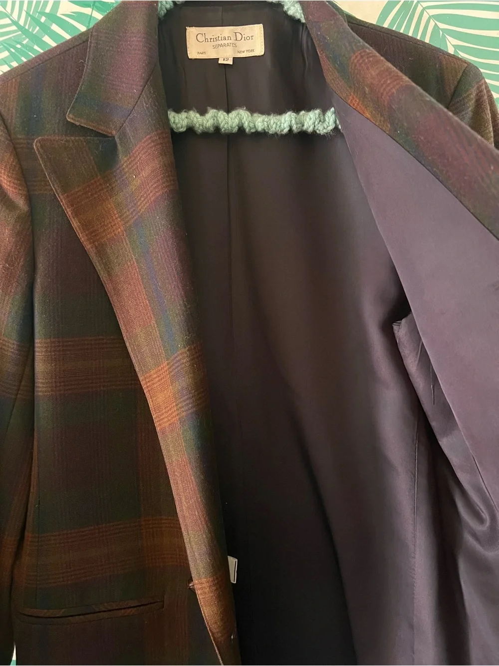 Vintage Christian Dior 100% wool plaid blazer Coat Brown & navy double breast 12